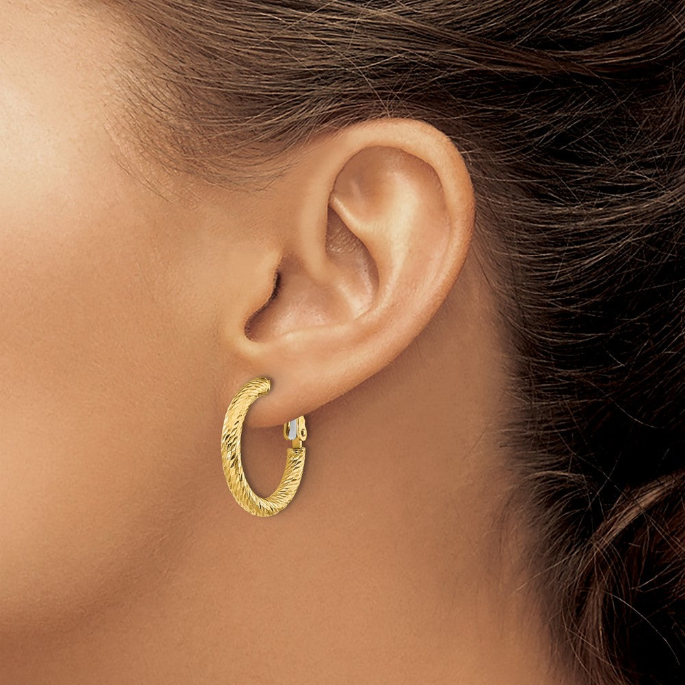 14k 3mm Polished Diamond-cut Round Omega Back Hoop Earrings
