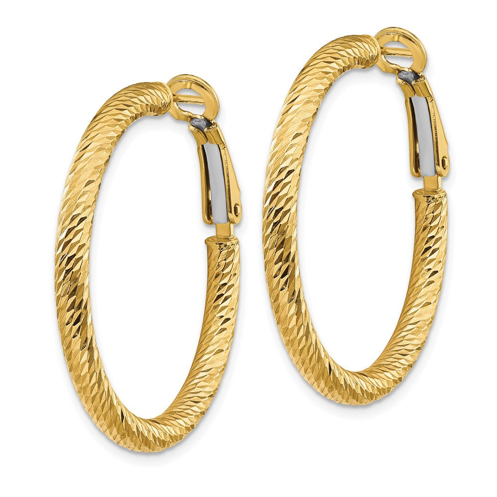 14k 3x25mm Diamond-cut Round Omega Back Hoop Earrings