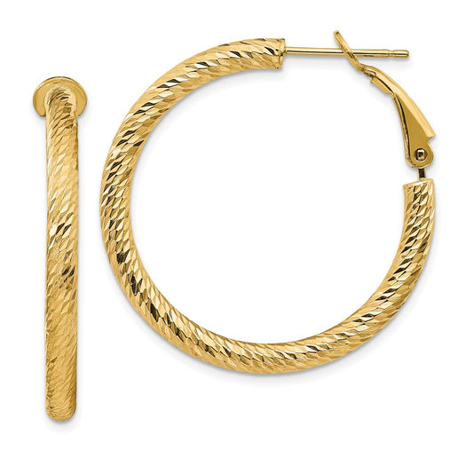 14k 3x25mm Diamond-cut Round Omega Back Hoop Earrings