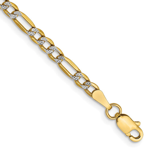 14K 8 inch 3.2mm Semi-Solid with Rhodium Pav‚ Figaro with Lobster Clasp Bracelet