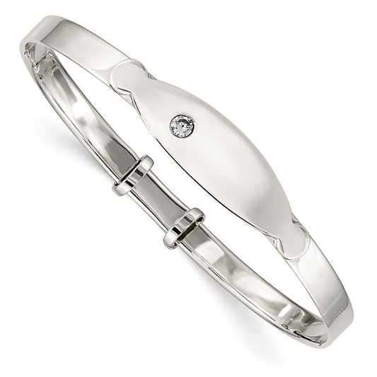 Sterling Silver Polished CZ ID Adjustable Bangle Bracelet