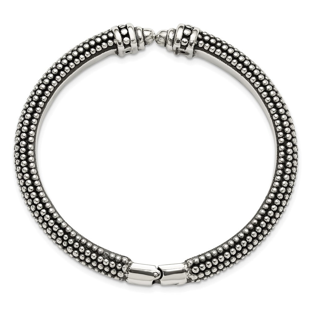 Sterling Silver Polished and Antiqued Beaded Hinged Bangle Bracelet