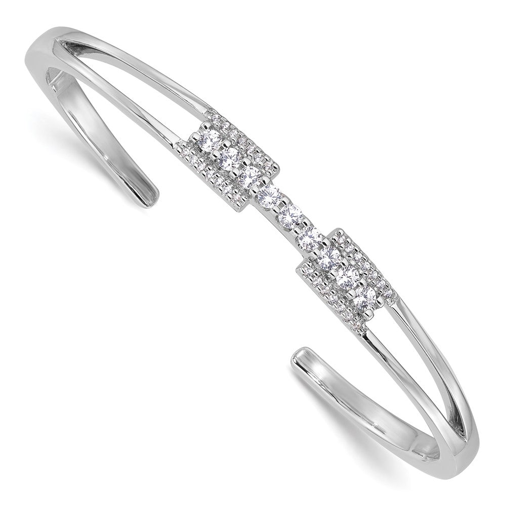 Sterling Silver Rhodium-plated Polished CZ Cuff with Hinge Bangle Bracelet