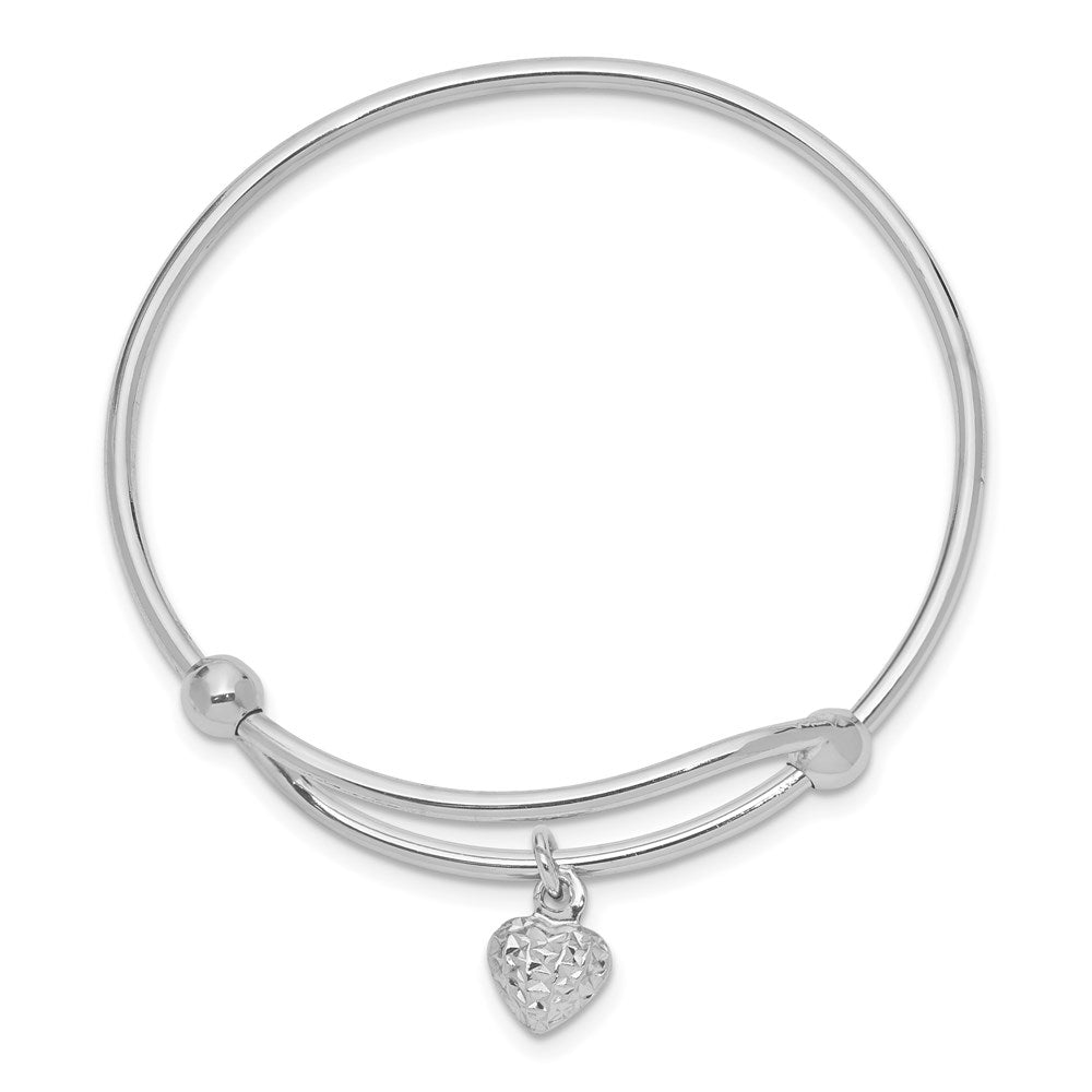 Sterling Silver RH-plated Polished & D/C Heart Adjustable Bangle