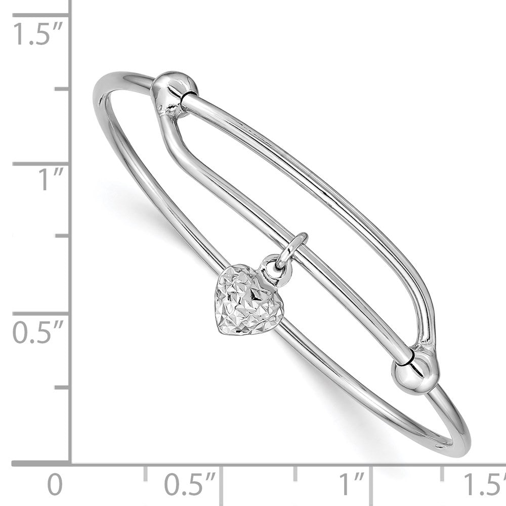Sterling Silver RH-plated Polished & D/C Heart Adjustable Bangle