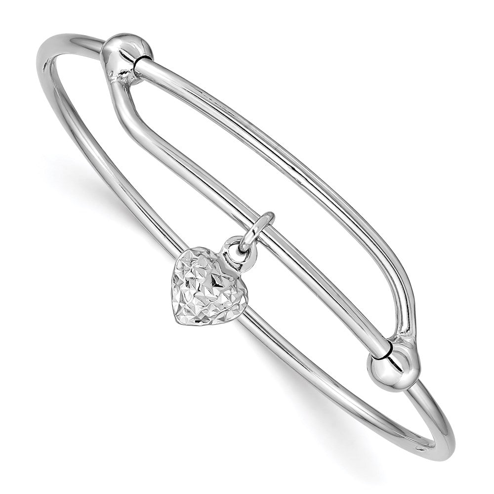 Sterling Silver RH-plated Polished & D/C Heart Adjustable Bangle