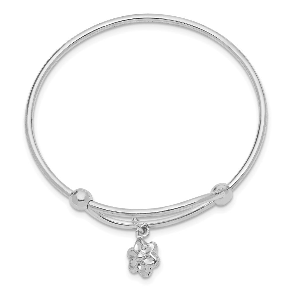 Sterling Silver Rhodium-plated Polished Flower Adjustable Bangle