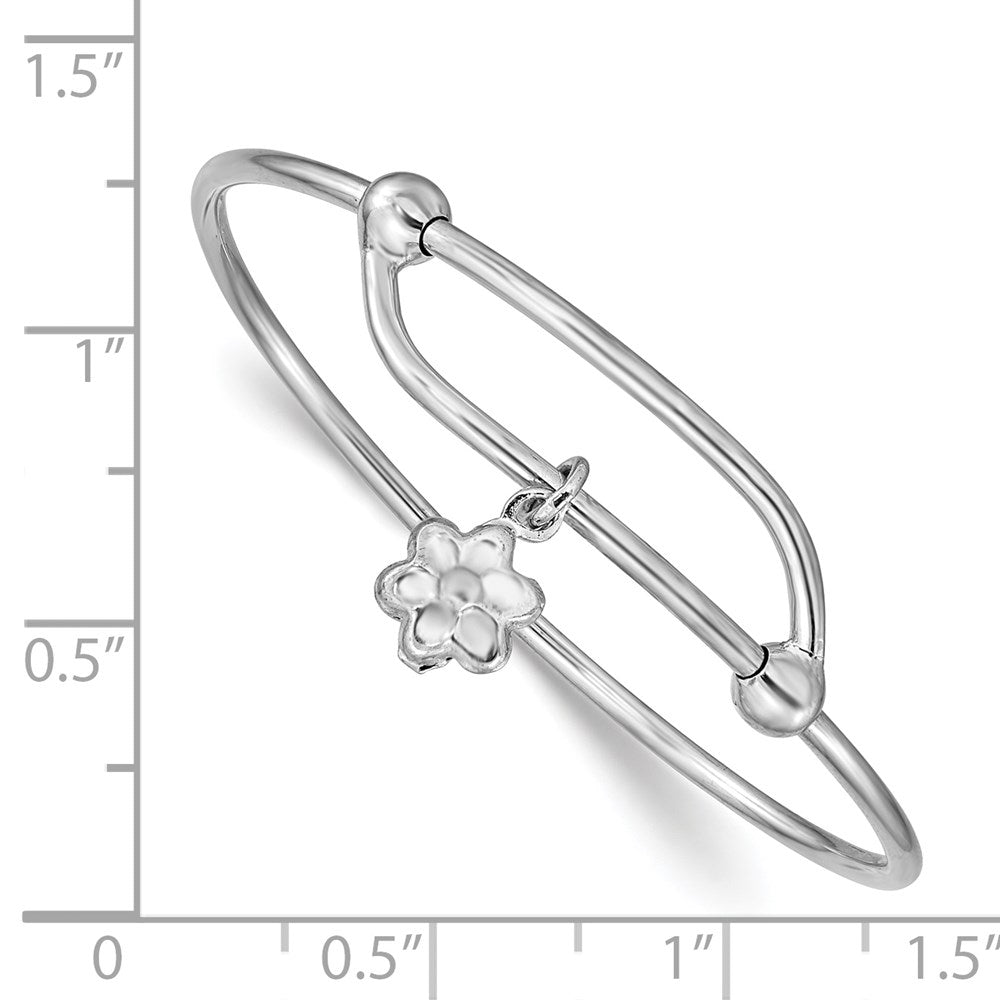 Sterling Silver Rhodium-plated Polished Flower Adjustable Bangle