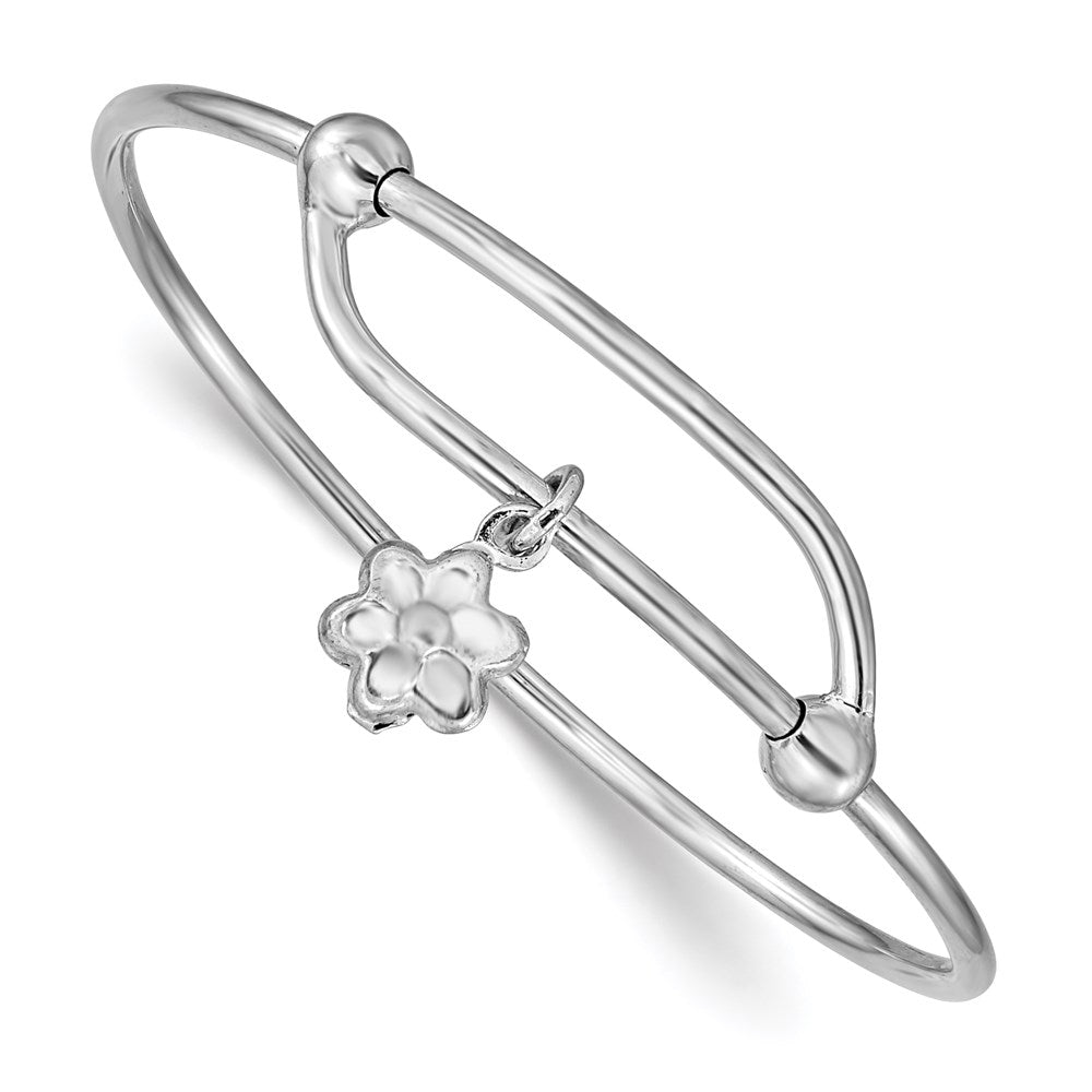 Sterling Silver Rhodium-plated Polished Flower Adjustable Bangle