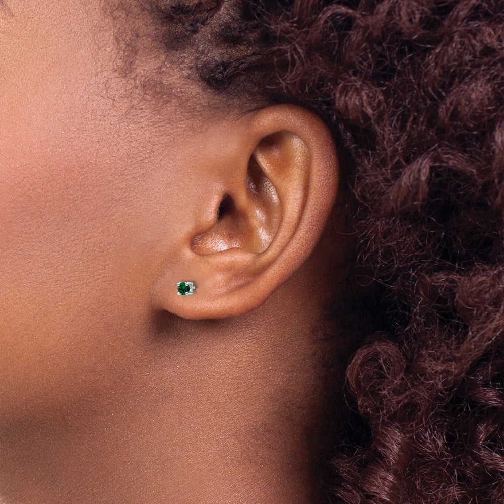 Sterling Silver Rhod-plated 3mm Round Created Emerald Post Earrings