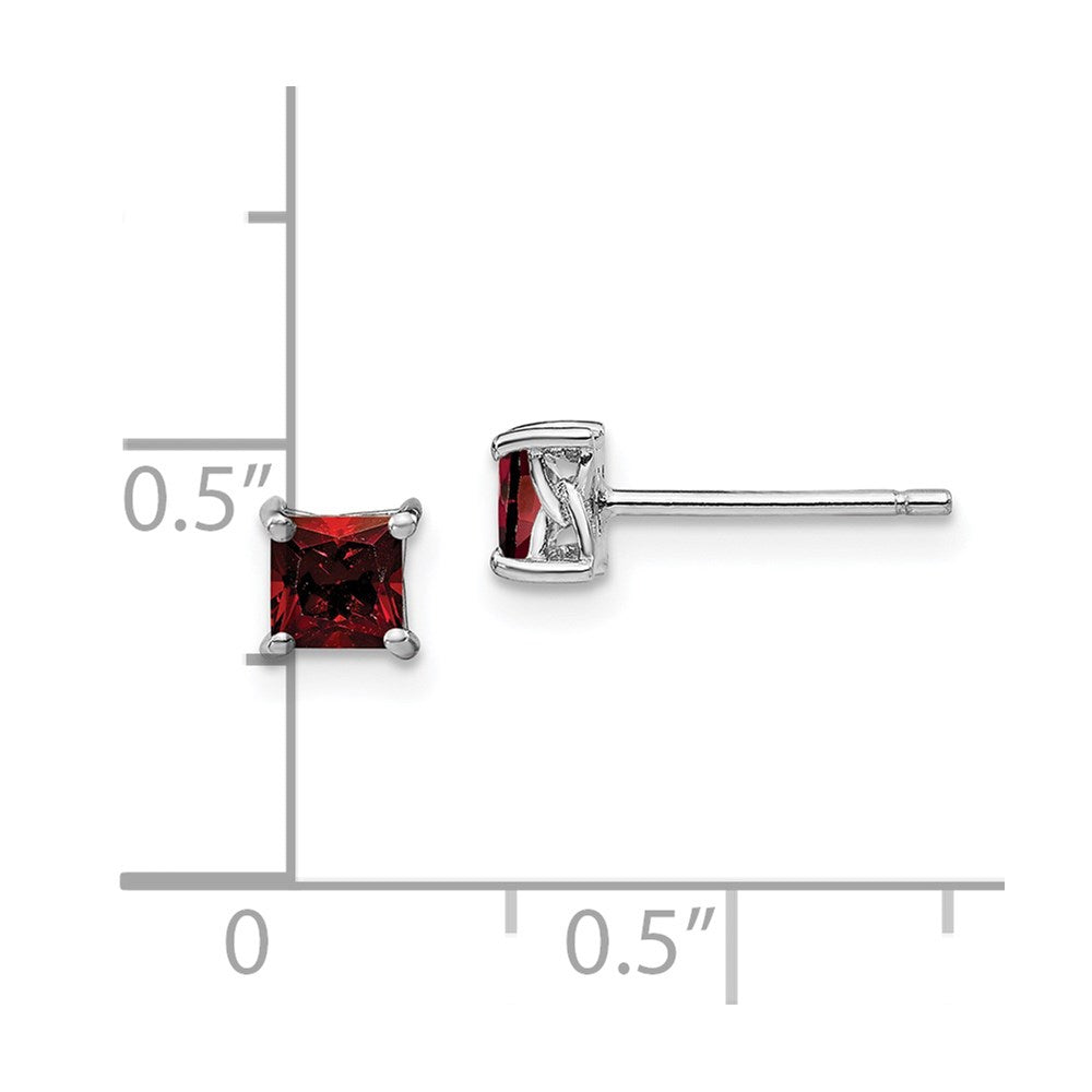 Sterling Silver Rhodium-plated 4mm Princess Garnet Post Earrings
