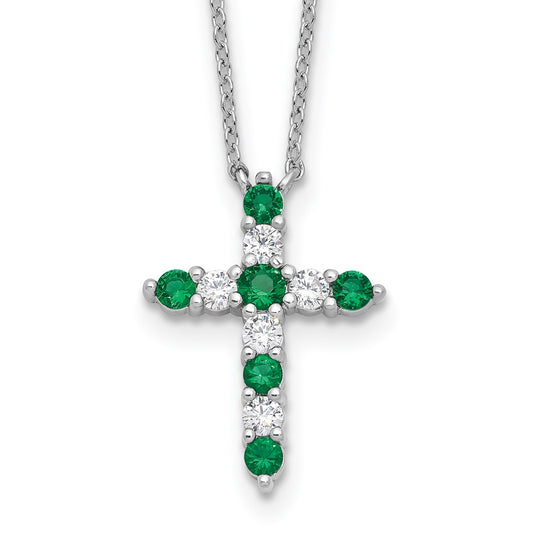 SS RH-plated Green CZ May Birthstone Cross w/2in ext Necklace