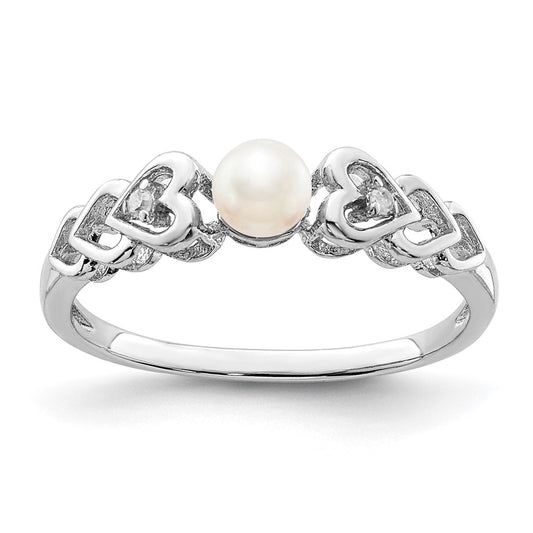 Sterling Silver Rhodium-plated FW Cultured Pearl & Diam. Ring