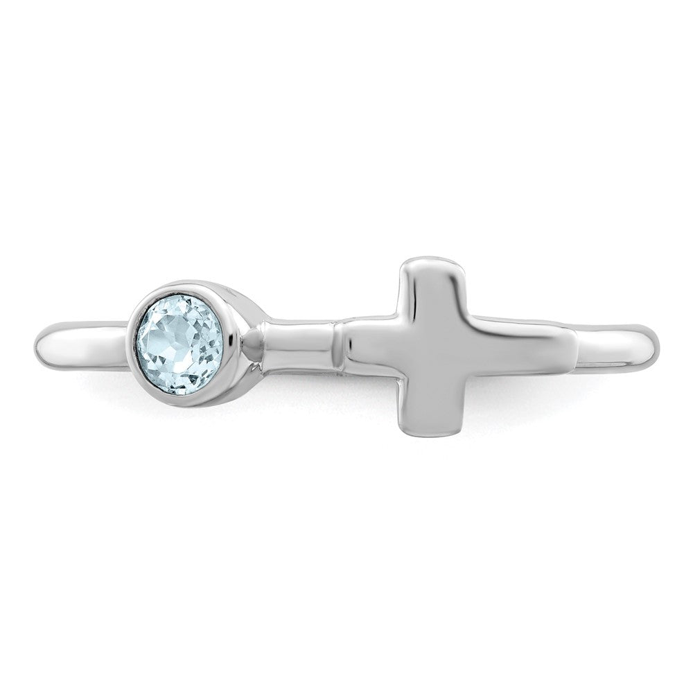 Sterling Silver Rhodium-plated Polished Cross Aquamarine Ring