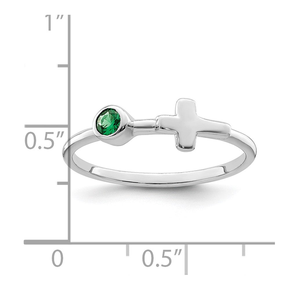 Sterling Silver Rhodium-plated Polished Cross Lab Created Emerald Ring