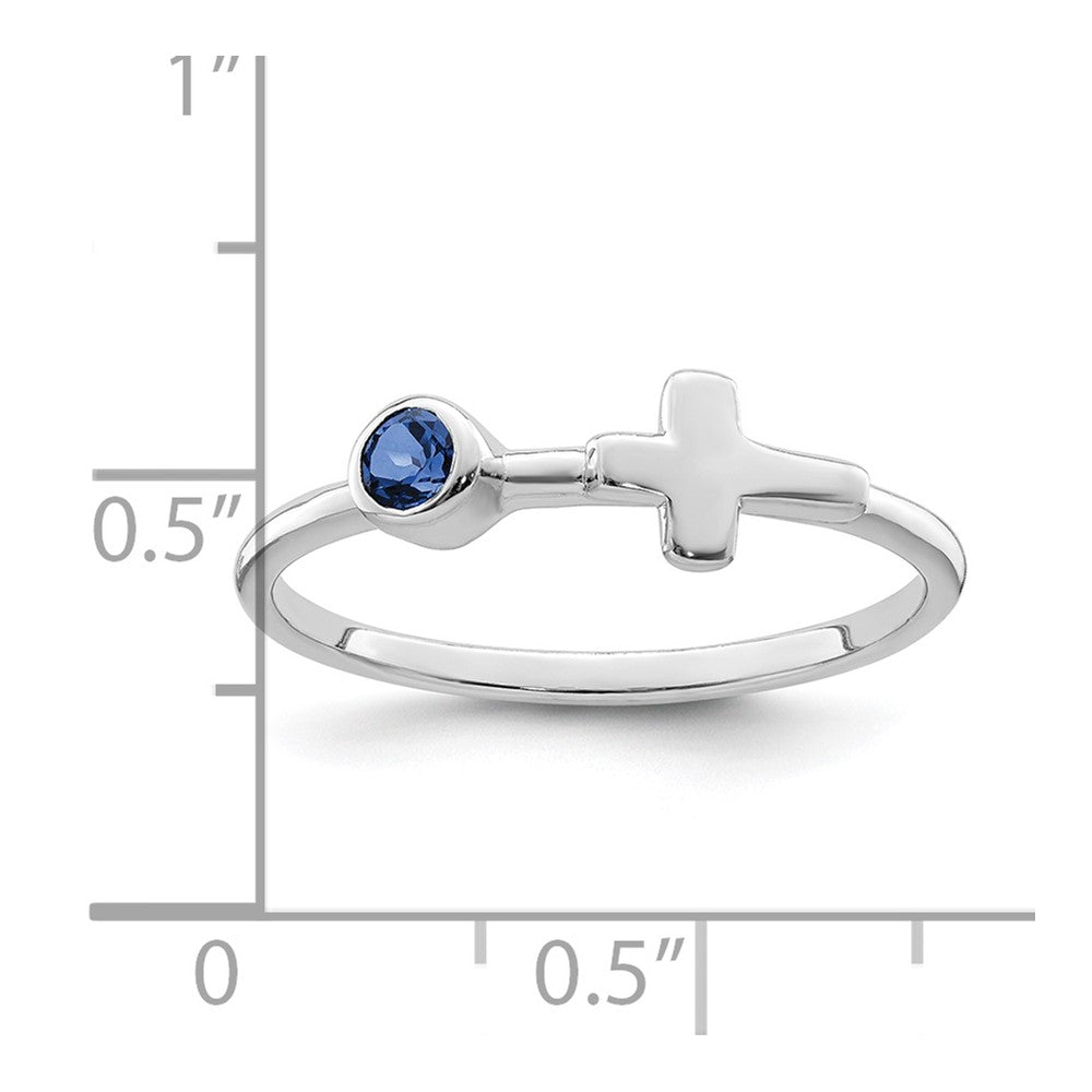 Sterling Silver Rhodium-plated Polished Cross Lab Created Sapphire Ring