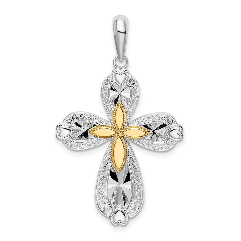 De-Ani Sterling Silver Rhodium-Plated Diamond-Cut Heart Cross with 14k Accent Pendant