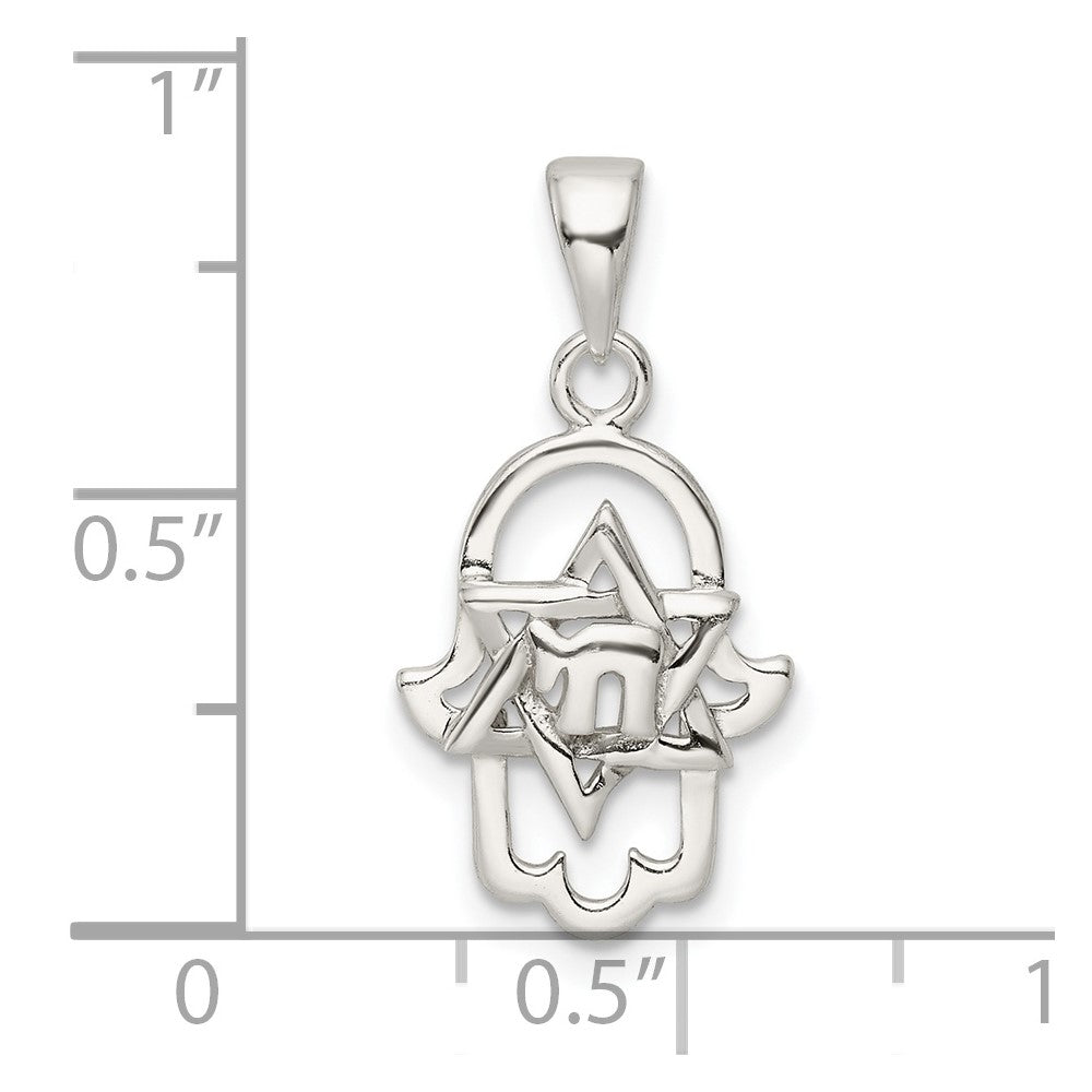 Sterling Silver Polished Chai in Star of David Hamsa Pendant