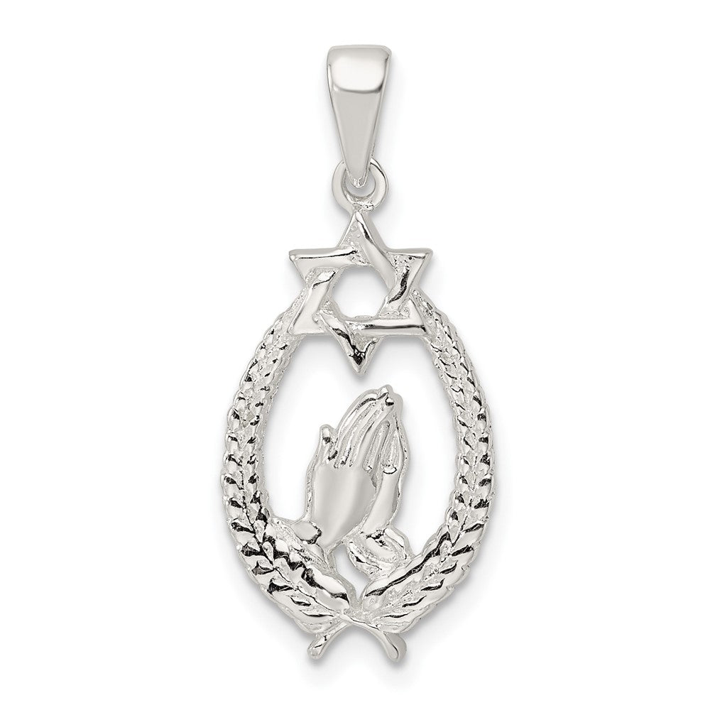 Sterling Silver Polished Star of David w/Praying Hands Pendant