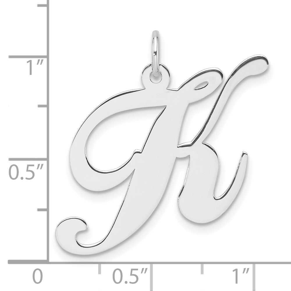 Large Sterling Silver Rhodium-plated Fancy Script Letter K Initial Charm