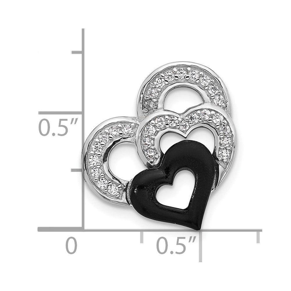 Sterling Silver Rh-plated Polished Black Resin and CZ Heart Chain Slide
