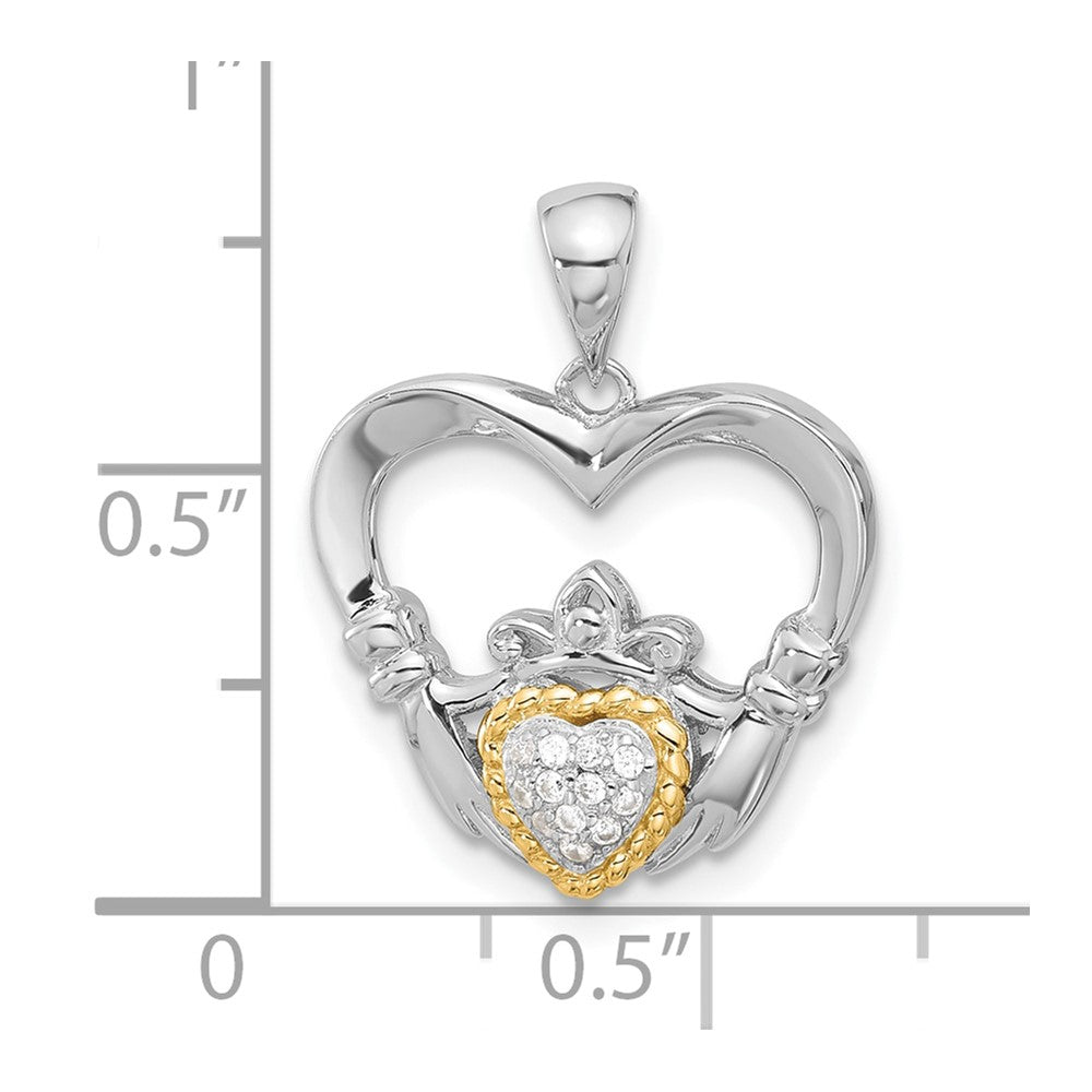 Sterling Silver w/ 14k accent Rhodium-plated CZ Heart Claddagh Pendant