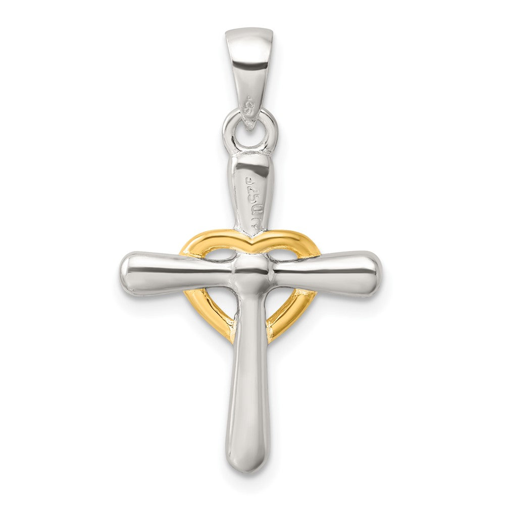 Sterling Silver Polished Gold-tone Cross with Open Heart Pendant
