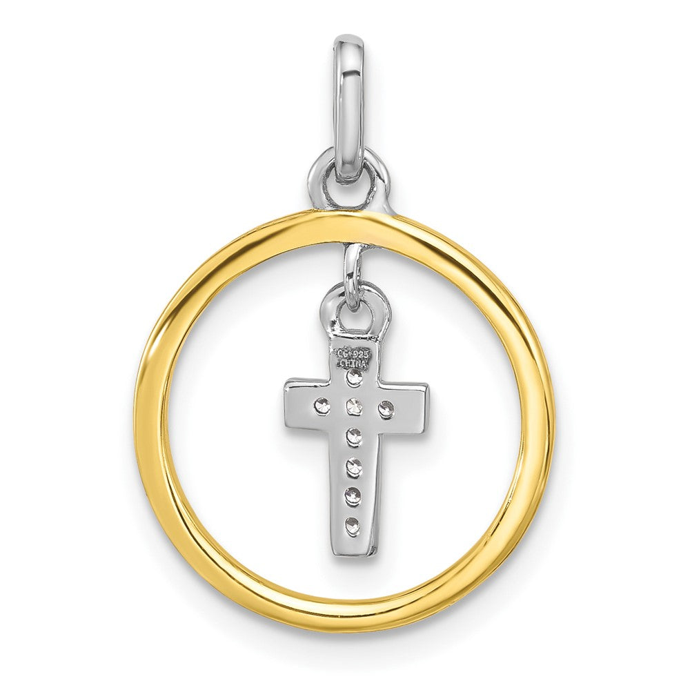 SS Rh-plated Gold-tone Polished CZ Dangle Cross in Circle Pendant