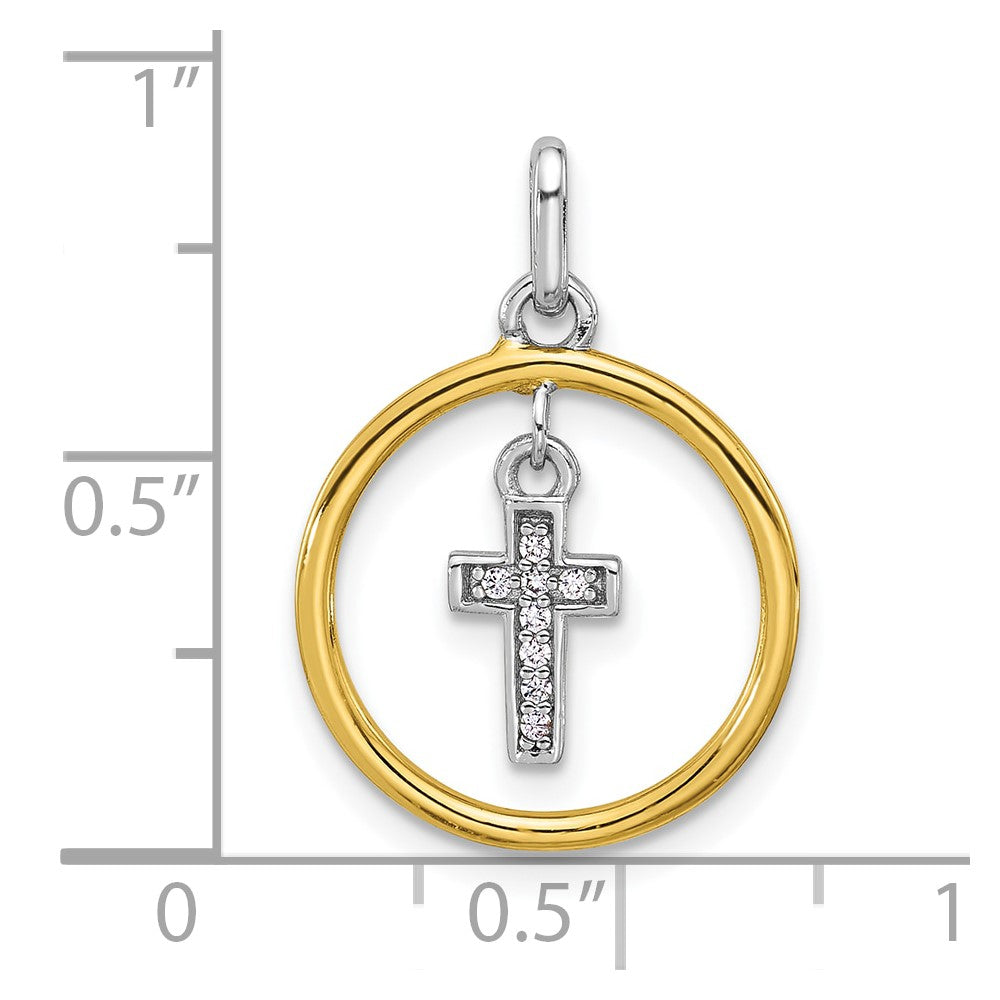 SS Rh-plated Gold-tone Polished CZ Dangle Cross in Circle Pendant