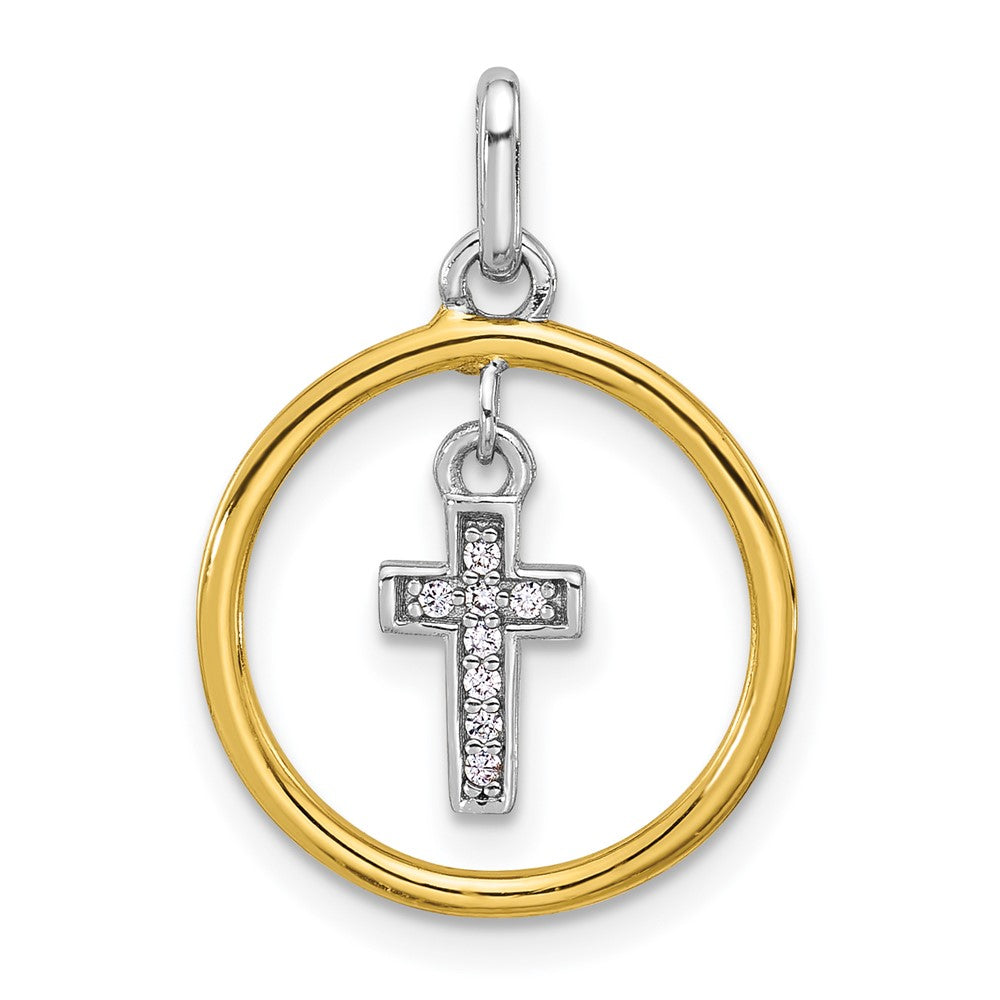 SS Rh-plated Gold-tone Polished CZ Dangle Cross in Circle Pendant