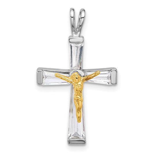 Sterling Silver Rhodium-plated Gold-tone CZ Crucifix Pendant