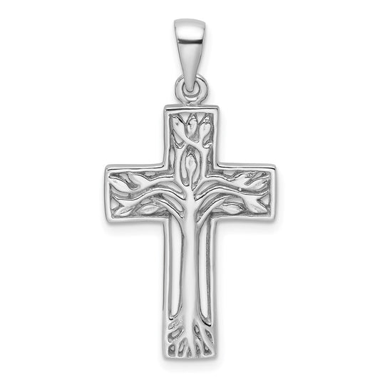 Sterling Silver Rhodium-Plated Polished Cross with Tree Pendant