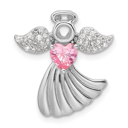 Sterling Silver Rhodium-plated Pink and Clear CZ Angel Chain Slide Pendant