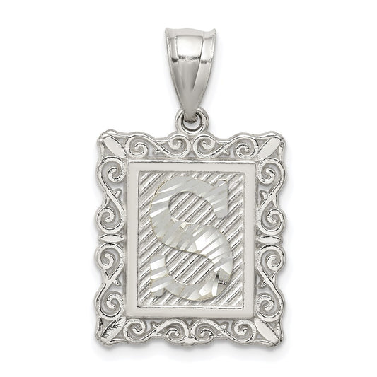 Sterling Silver Square Diamond-cut Letter S Initial Pendant