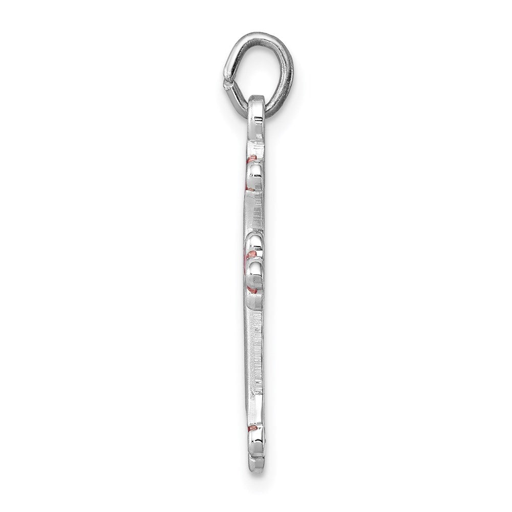 Sterling Silver Rhodium-plated Pink Enameled Budded Cross Charm