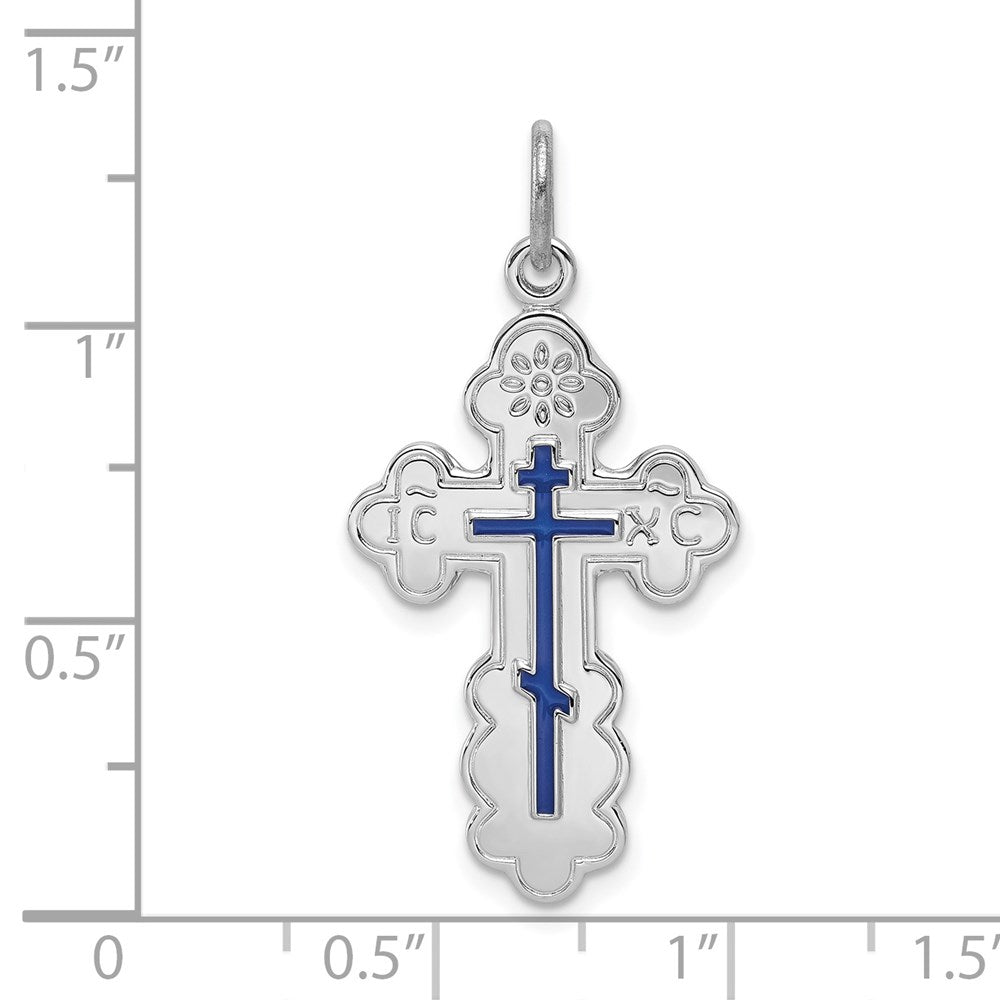 Sterling Silver Rhodium-plated Eastern Orthodox Blue Enamel Cross Pendant