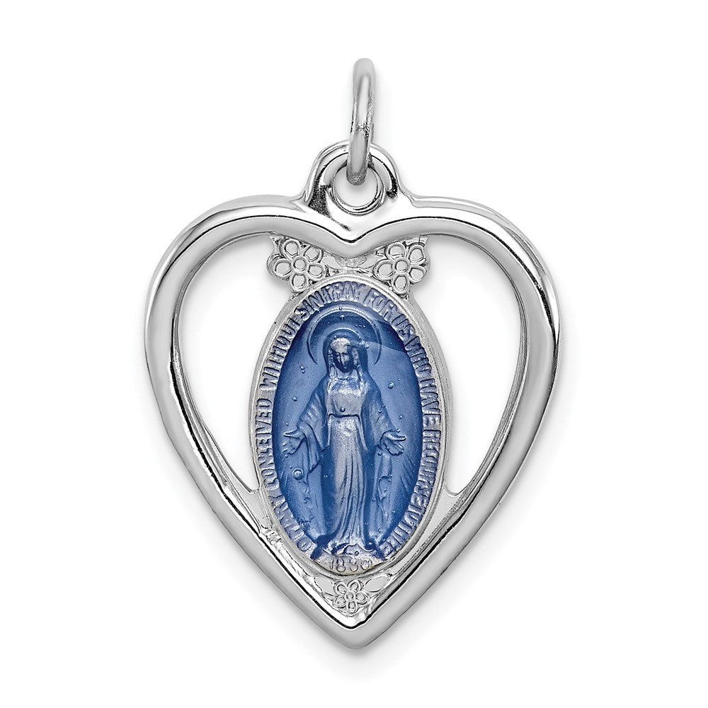 Sterling Silver Rhodium-plated Virgin Mary Heart Medal
