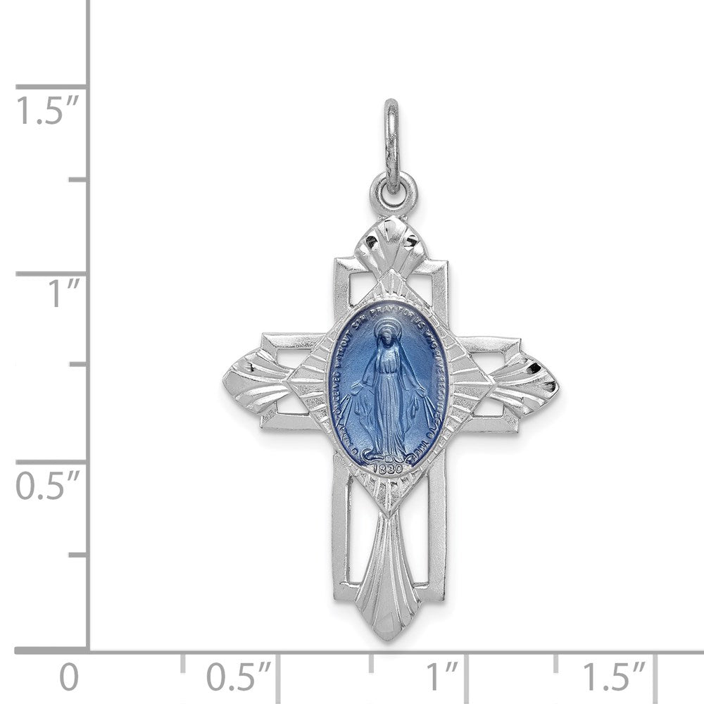 Sterling Silver Rhodium-plated Virgin Mary Medal Cross Pendant