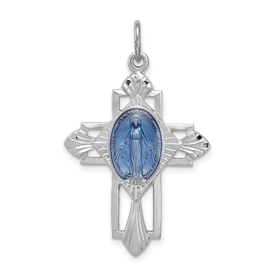 Sterling Silver Rhodium-plated Virgin Mary Medal Cross Pendant