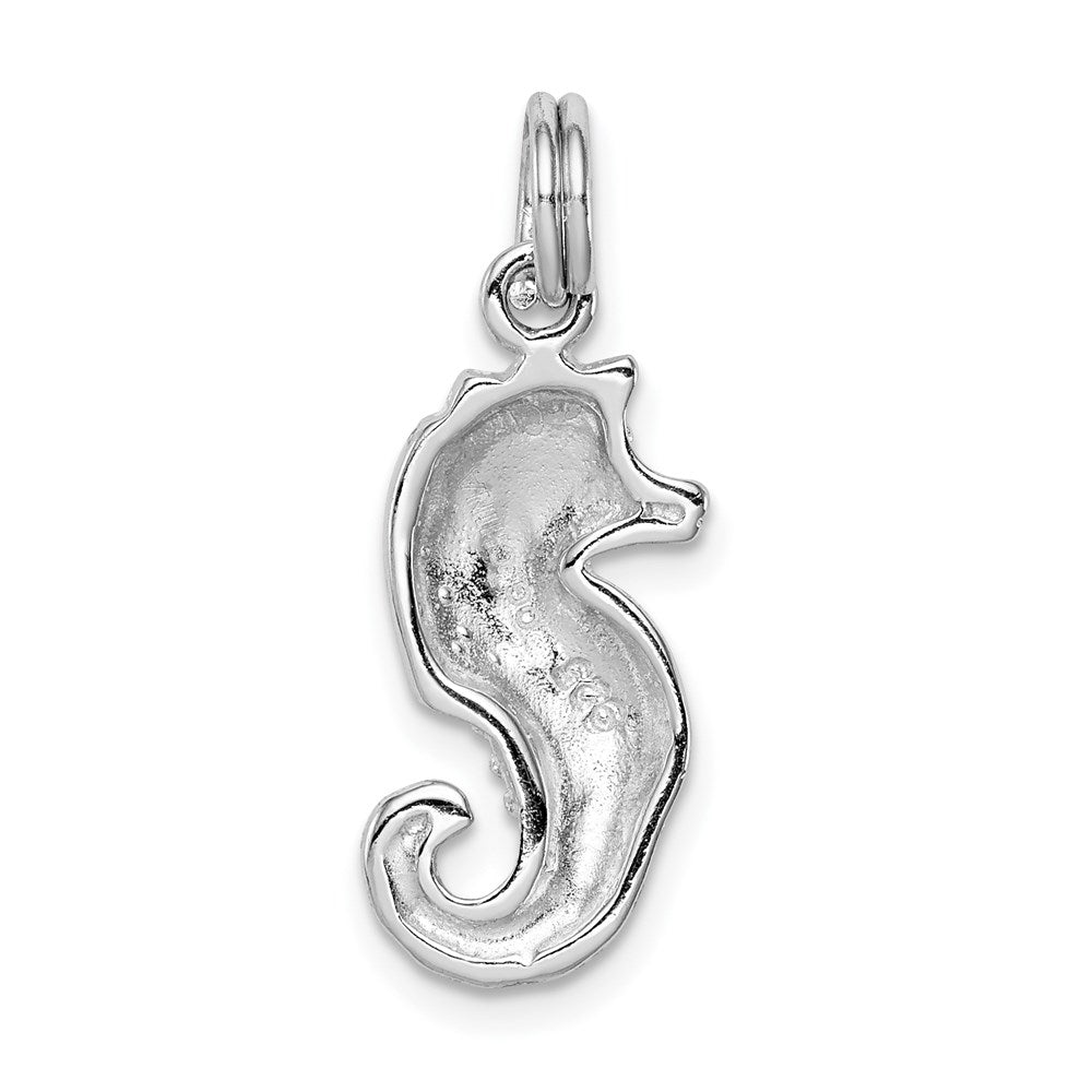 Sterling Silver Rhodium-plated Green Glitter Enamel Seahorse Charm