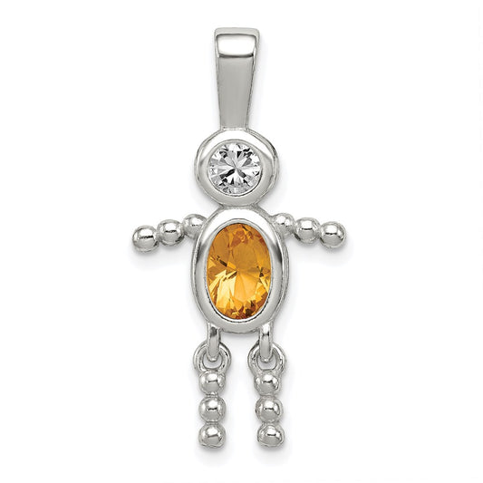 Sterling Silver Rhodium-plated CZ & November Glass Boy Pendant