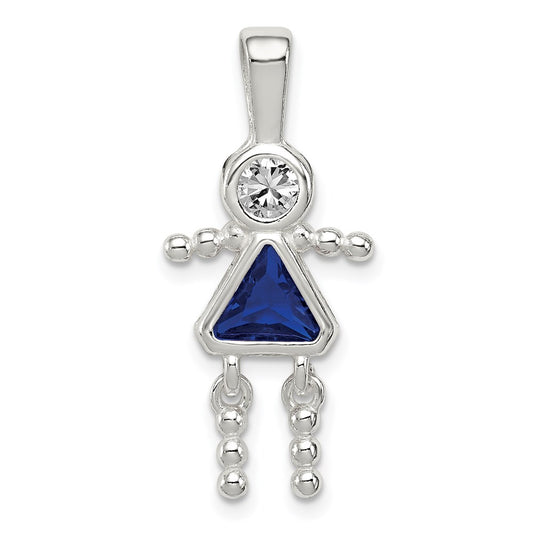 Sterling Silver Rhodium-plated CZ & September Glass Girl Pendant