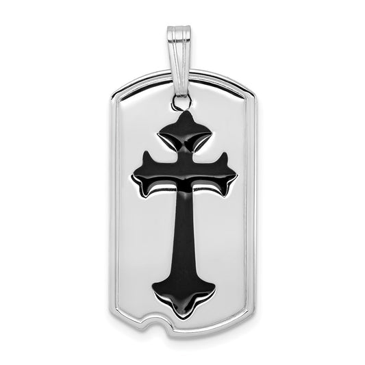 Sterling Silver Rhodium-plated Polished Black Epoxy Cross Dog Tag Pendant