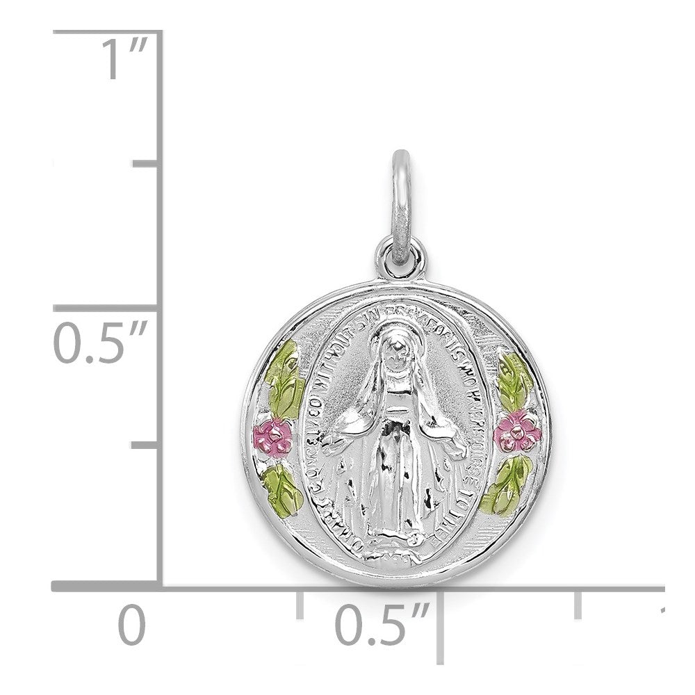 Sterling Silver Rhodium-plated Polished Epoxy Virgin Mary Medal Pendant