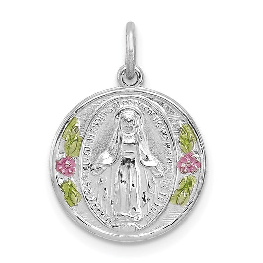 Sterling Silver Rhodium-plated Polished Epoxy Virgin Mary Medal Pendant