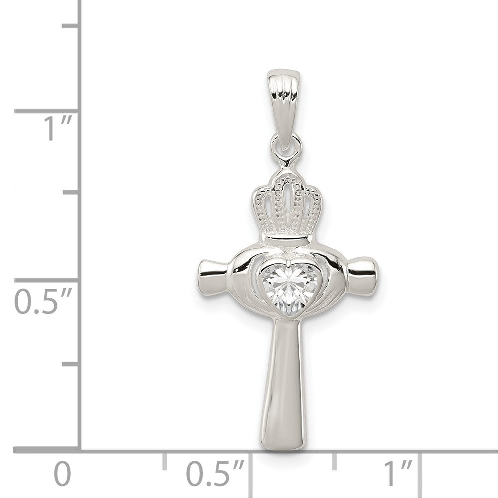 Sterling Silver CZ Heart Claddagh Cross Pendant