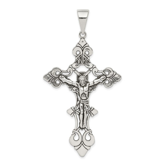 Sterling Silver Antiqued Large INRI Crucifix Pendant