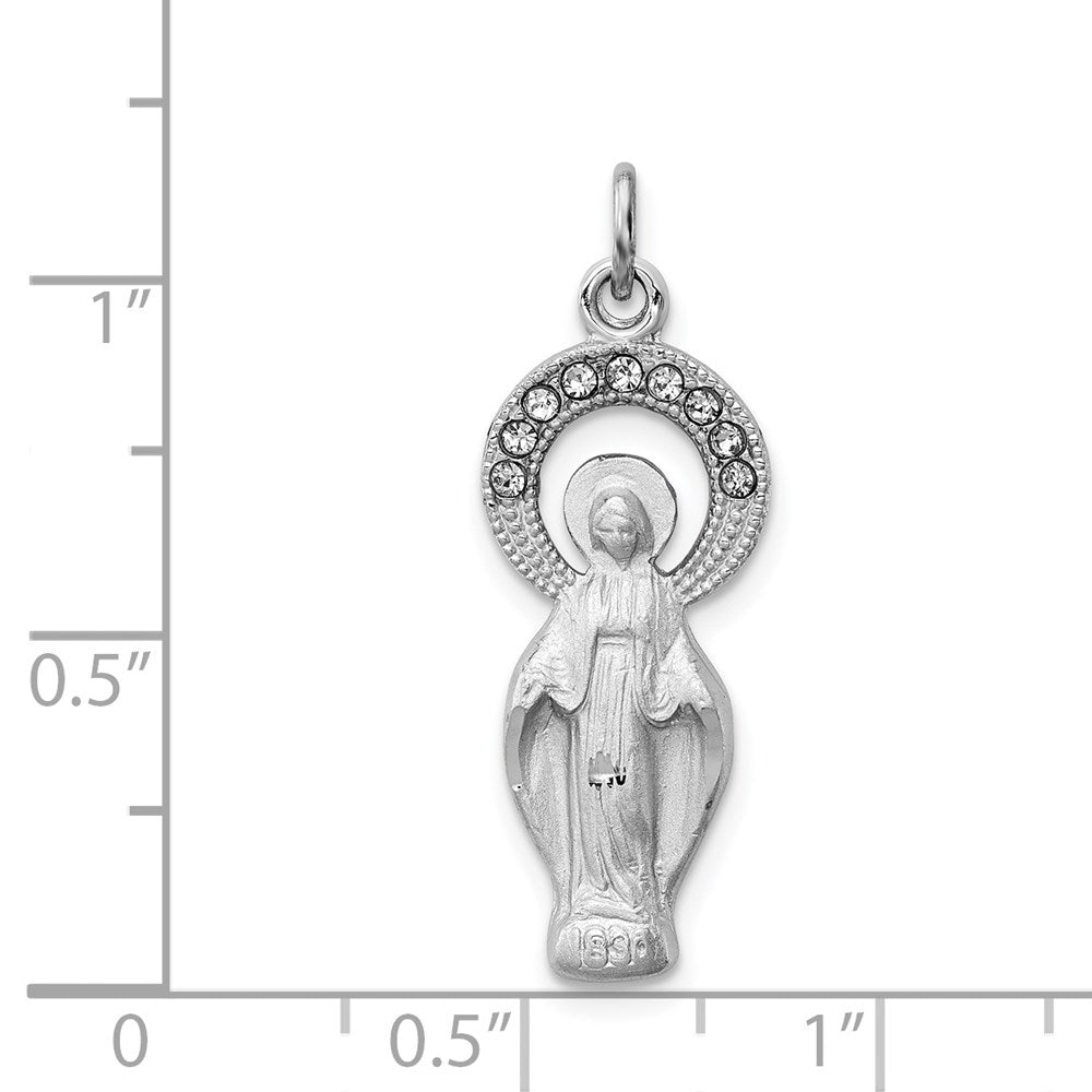 Sterling Silver Rhodium-plated Polished & Satin CZ Virgin Mary Medal Pendant