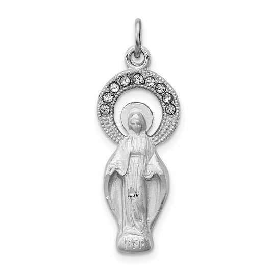 Sterling Silver Rhodium-plated Polished & Satin CZ Virgin Mary Medal Pendant