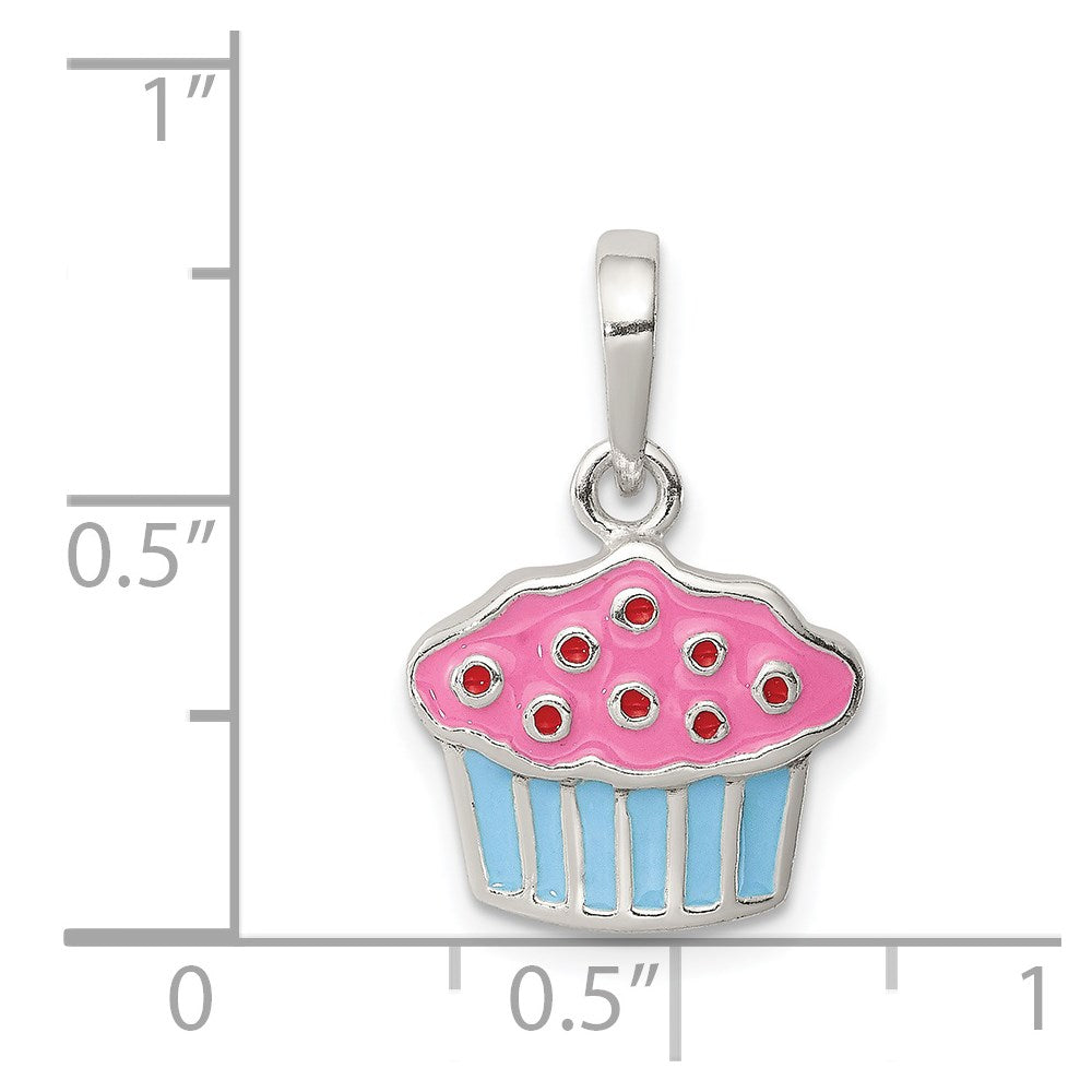 Sterling Silver Polished Enamel Cupcake Pendant